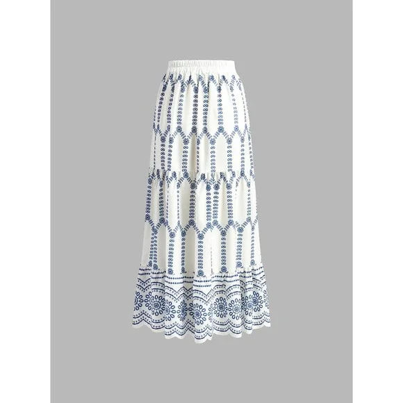 Commense Boho Blue & White Embroidered Maxi Skirt Flowing Tiered Summer Skirt S - Picture 10 of 10